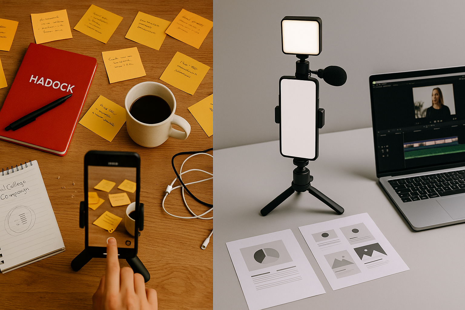 Autenticidad vs perfección: escritorio con notas, café y cuaderno HADOCK frente a estudio minimalista con luz, micrófono y edición en laptop.